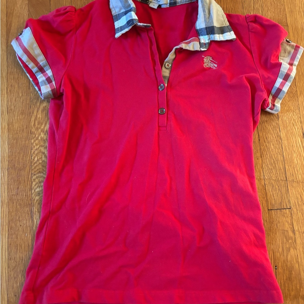 Burberry Red Polo with Plaid Novacheck Collar & Cuffs